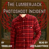 Image of a guy in flannel with red wings in the woods, and the title and creators written