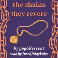 Image of gold pendant framed with chains and the title and creators written